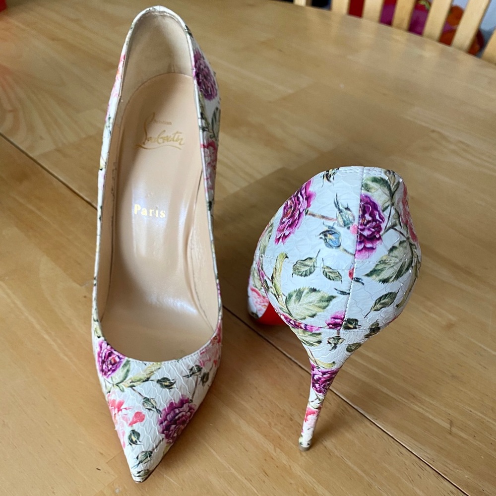 Christian Louboutin Floral Pointed Toe Pump in White with Pink Flower Print